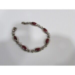 Mexican Vintage Sterling Silver 925 Hand Stamped Linked Bracelet Red Enamel